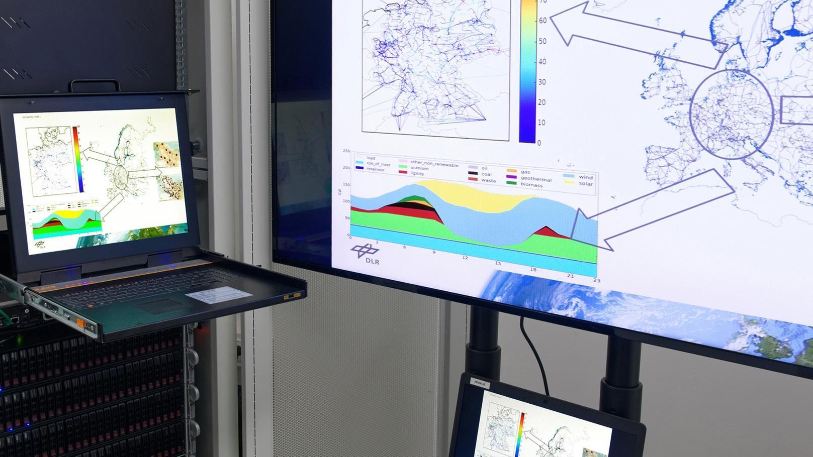 Blick auf zwei Bildschirme, die eine Simulation europäischer Stromnetze visualisieren. Im Hintergrund ist Server-Infrastruktur zu sehen.