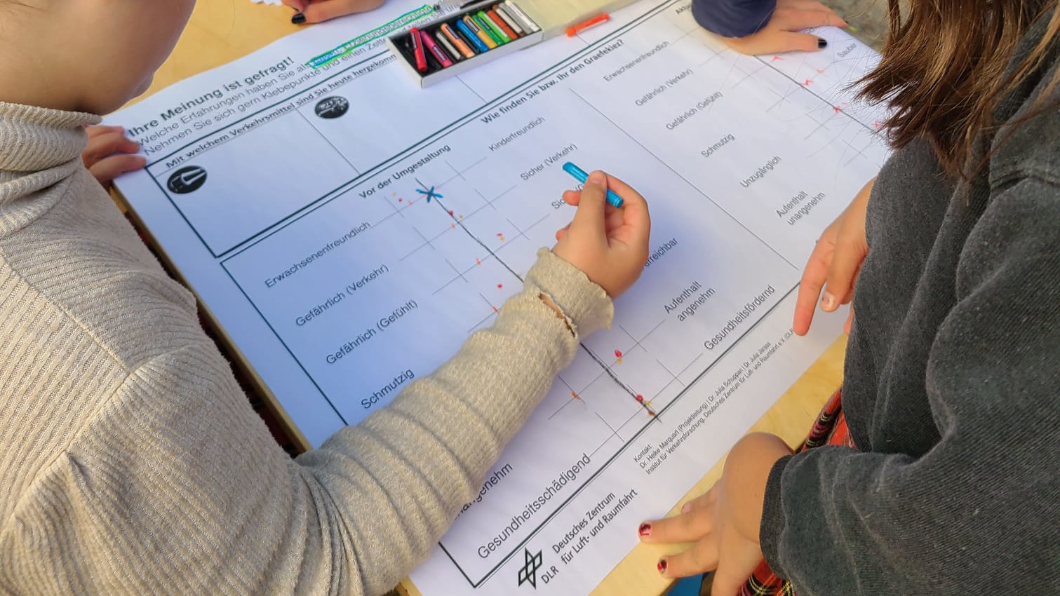 Ein Fragebogen zur Umgestaltung der Graefekiez wird von mehreren Kindern ausgefüllt.