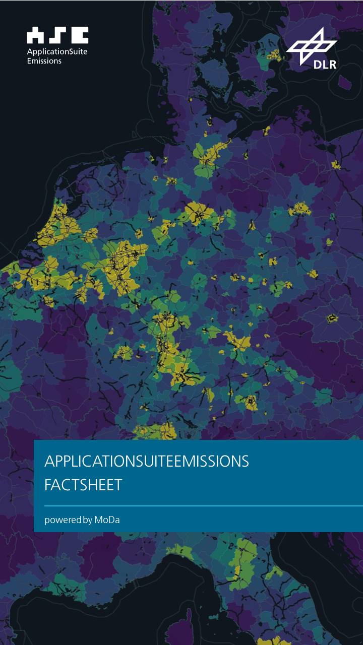 Zu sehen ist ein Vorschaubild zu einem Factsheet. Das Bild ist eine Weltkarte mit farbigen Datenvisualisierungen und dem Titel: Application Suite Emissions Factsheet - powered by MoDa.