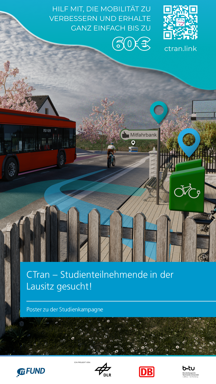 Verschiedene Mobilitätsangebote auf einer Straße. Ein QR Code verweist auf eine Seite zur Anmeldung an der Studie.