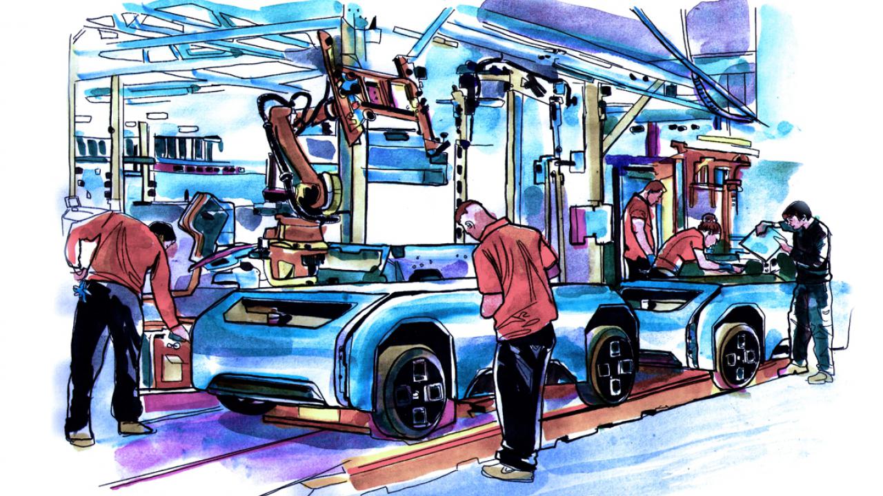 Zu sehen ist eine gemalte Darstellung mehrerer U-Shifts, wie sie in der Fabrik von mehren Personen zusammengebaut werden.