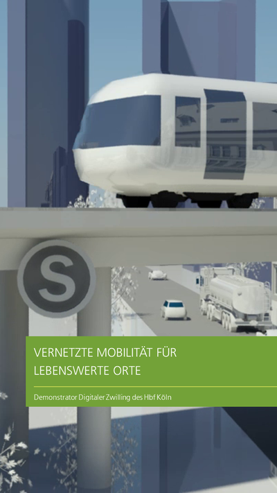 Ein 3D Zug auf einem Hochgleis über einer Straße in der Stadt.