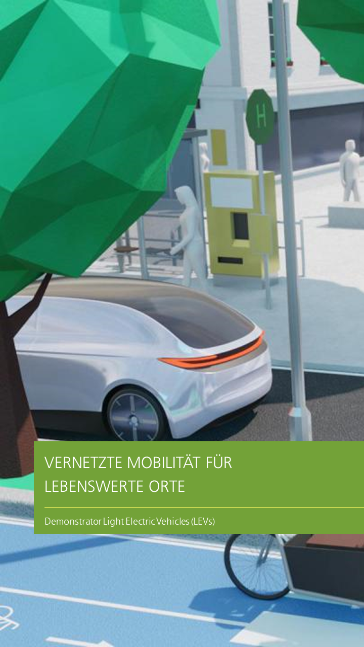 eine futuristische Straßenszene in 3D mit Leichtelektrofahrzeugen.