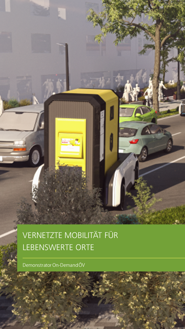 Ein autonomfahrendes U-Shift mit einer Post-Transportbox beladen, fährt auf eine Straße auf.