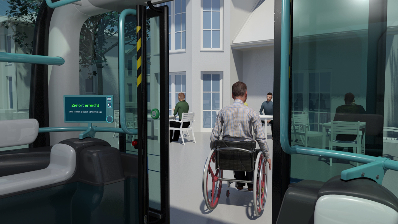 Zu sehen ist eine 3D-visualisierte Darstellung eines ÖPNV für Menschen mit Einschränkungen.