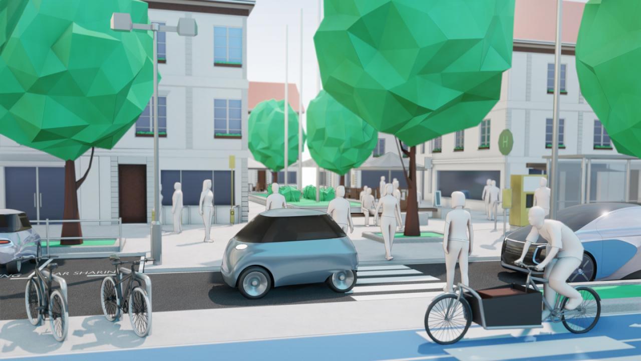 Zu sehen ist eine 3D-Visualisierte Darstellung einer innerstädtischen Straße. Auf der Straße befindet sich ein Fußgängerüberweg. Mehrere Personen sind zu sehen, sowie unterschiedliche Verkehrsträger, wie beispielsweise ein Fahrrad, ein Auto und ein Leichtfahrzeug.