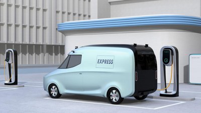 Zu sehen ist eine 3D-gerenderte Visualisierung eines Elektrofahrzeugs. Es steht an der Ladesäule. Auf dem Fahrzeug steht EXPRESS geschrieben.