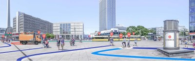 Auf dem Alexanderplatz fahren und laufen unterscheidliche Verkehrsteilnehmende. Auf dem Boden sind unterschiedliche farbige Spuren zu sehen, die die verscheidenenen Verkehrsteilnehmenden voneinander unterscheidet. Auf einer Litfaßsäule steht DLR MovingLab.