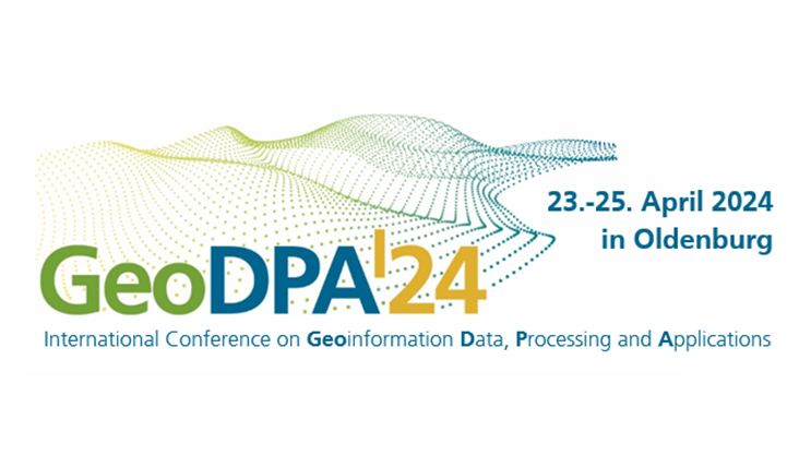 Eine Punktewolke aus grünen und blauen Punkten ergibt eine Landschaft. Davor steht Geo in grün, DPA in blau und '24 in gelb. Darunter ist der Titel der Konferenz "International Conference on Geoinformation Data, Processing and Applications" ausgeschrieben und rechts davon, dass die Konferenz vom 23. bis 25. April2024 in Oldenburg stattfindet.
