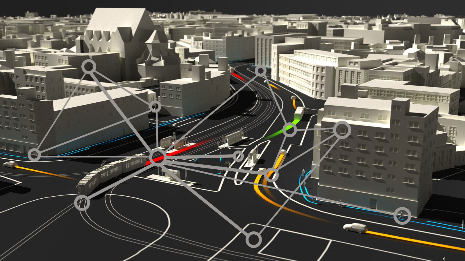 Eine gerenderte Szene einer Straßenkreuzung, bei der mittig eine Straßenbahn entlangfährt. Hinter Menschen, Autos, Bahn und LKW's sind verschieden farbige Streifen abgebildet. In einer kleinen Animation vernetzen sich mehrere graue Kreise auf Ausschnitten des Bildes zu einem verstrickten Netz zusammen, die symbolhaft die verschiedenen Ansätze von Projekten darstellen.