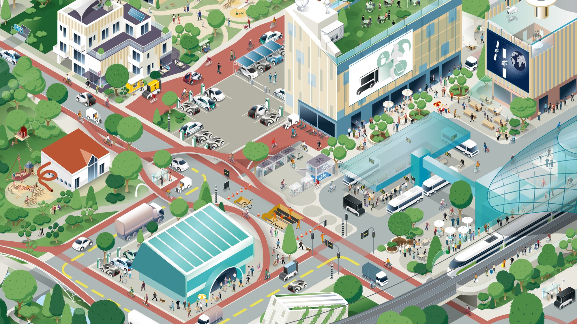 Eine Illustration im Stile eines Wimmelbilds, auf dem eine belebte Stadt mit viel Stadtgrün zu sehen ist. In Wohn-, Erholungs- und Einkaufsvierteln sind Menschen aktiv mobil, indem sie zu Fuß gehen, E-Scooter nutzen oder Fahrradfahren. Sie besuchen gehen Einkaufen, besuchen Einkaufszentren oder essen in Restaurants, auch unter freiem Himmel. Moderne Fahrzeuge und autonome Verkehre sowie Busse und Lastenräder transportieren Menschen und Güter. Auf einer Baustelle wird Kanalisation und Kabelnetzt gewartet. Das vom Deutschen Zentrum für Luft- und Raumfahrt entwickelte U-Shift ist im ÖPNV wie auch im Lieferverkehr im Einsatz. Auch fliegende Drohnen liefern Waren aus. Auf einem Parkplatz werden Elektroautos geladen. Dieser ist teilweise mit Solarzellen überdacht. Menschen stellen Ihre Fahrräder in einer Fahrradgarage ab. An einem zentralen Omnibusbahnhof steigen Menschen um. Gegenüber ist ein moderner Bahnhof, an dem ein Fernschnellzug hält.
