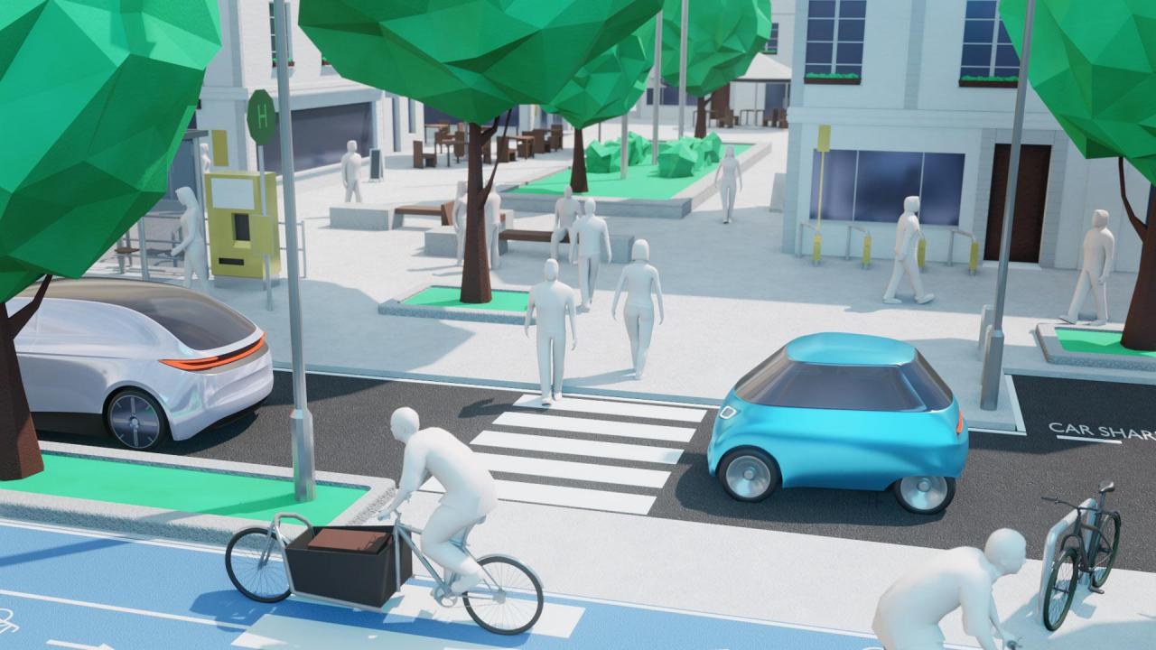 Zu sehen ist eine 3D-visualisierte Darstellung einer innerstädtischen Straße. Auf dieser Straße befindet sich ein Fußgängerüberweg, sowie mehrere Autos. Personen auf Fahrrädern fahre entlang der Straße auf dem Fahrradweg.