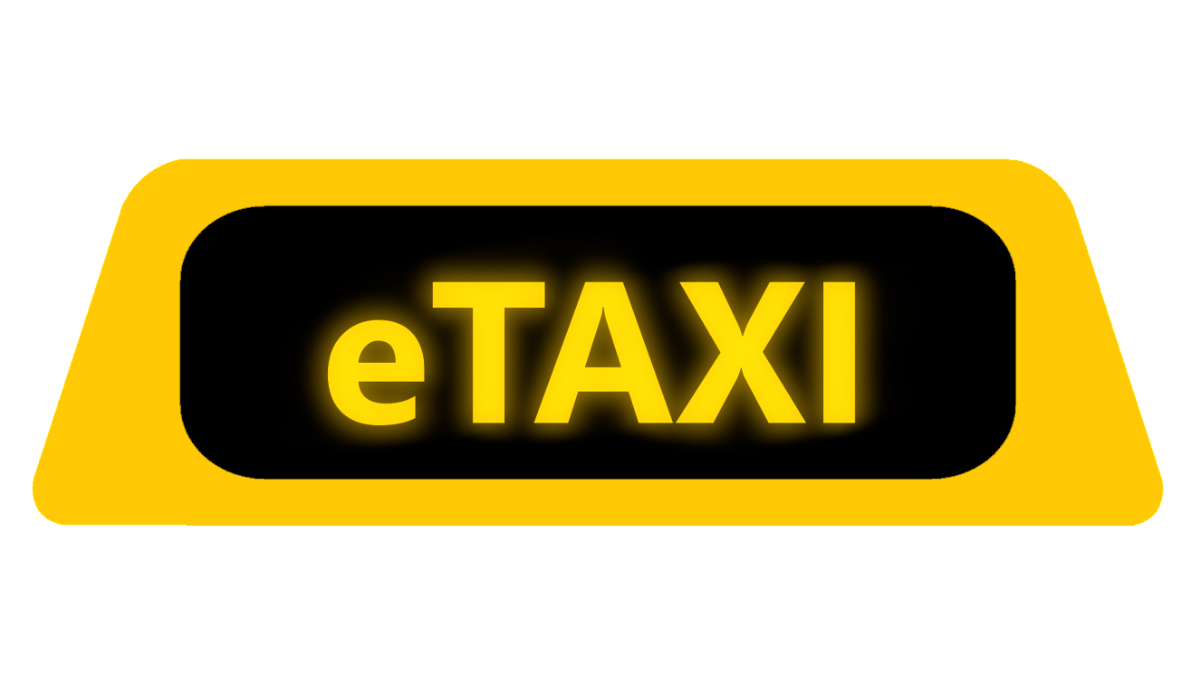 Schriftzug "e-Taxi" auf stilisiertem, beleuchtetem Taxischild