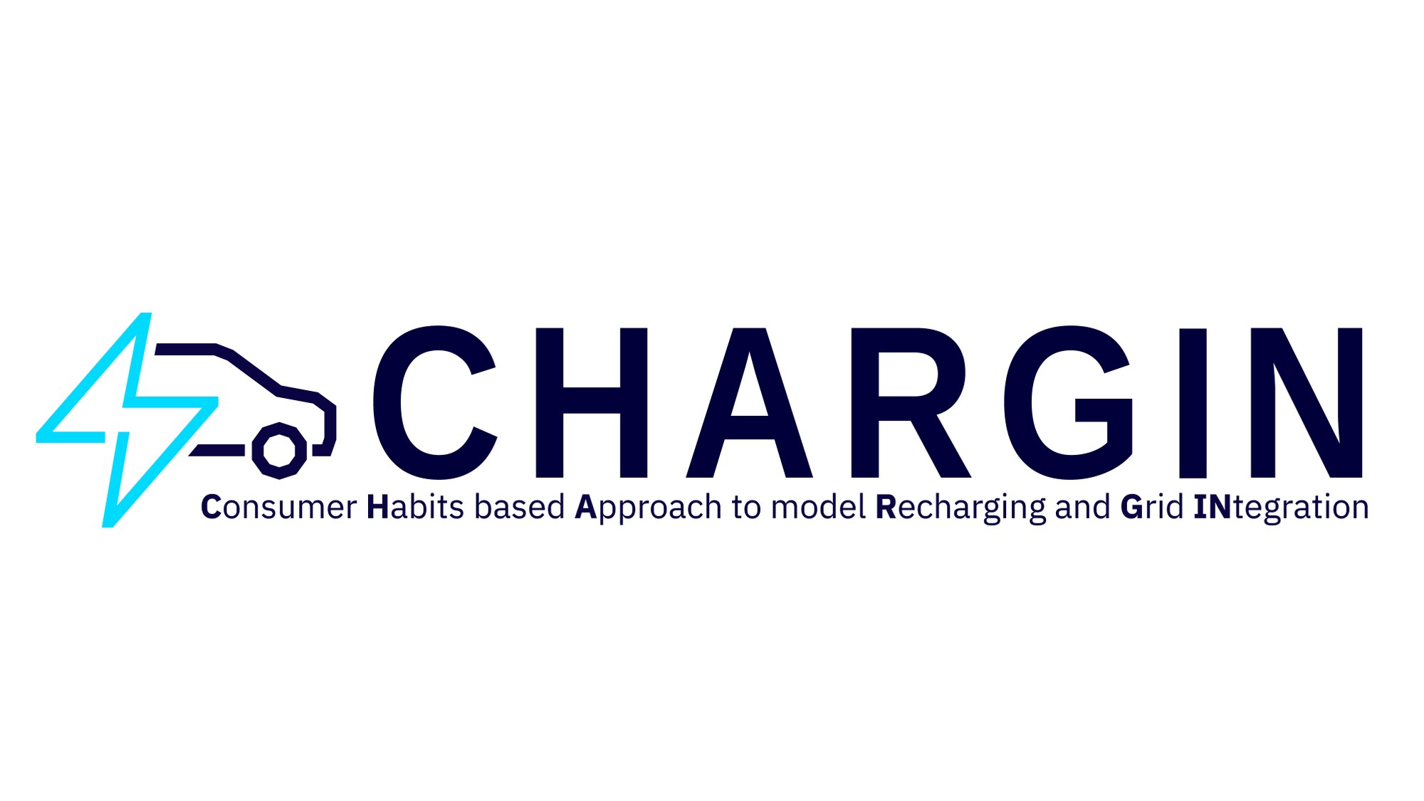 Ein blauer Blitz vor einem Auto, neben dem Charigin steht. Darunter ist der volle Name des Modells: Consumer Habits based Approach to model Recharging and Grid INtegration.