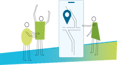 Image representative of the "Analog Mapping" method. It shows three characters with a mobile phone through which the results of the developed mapping can be found.