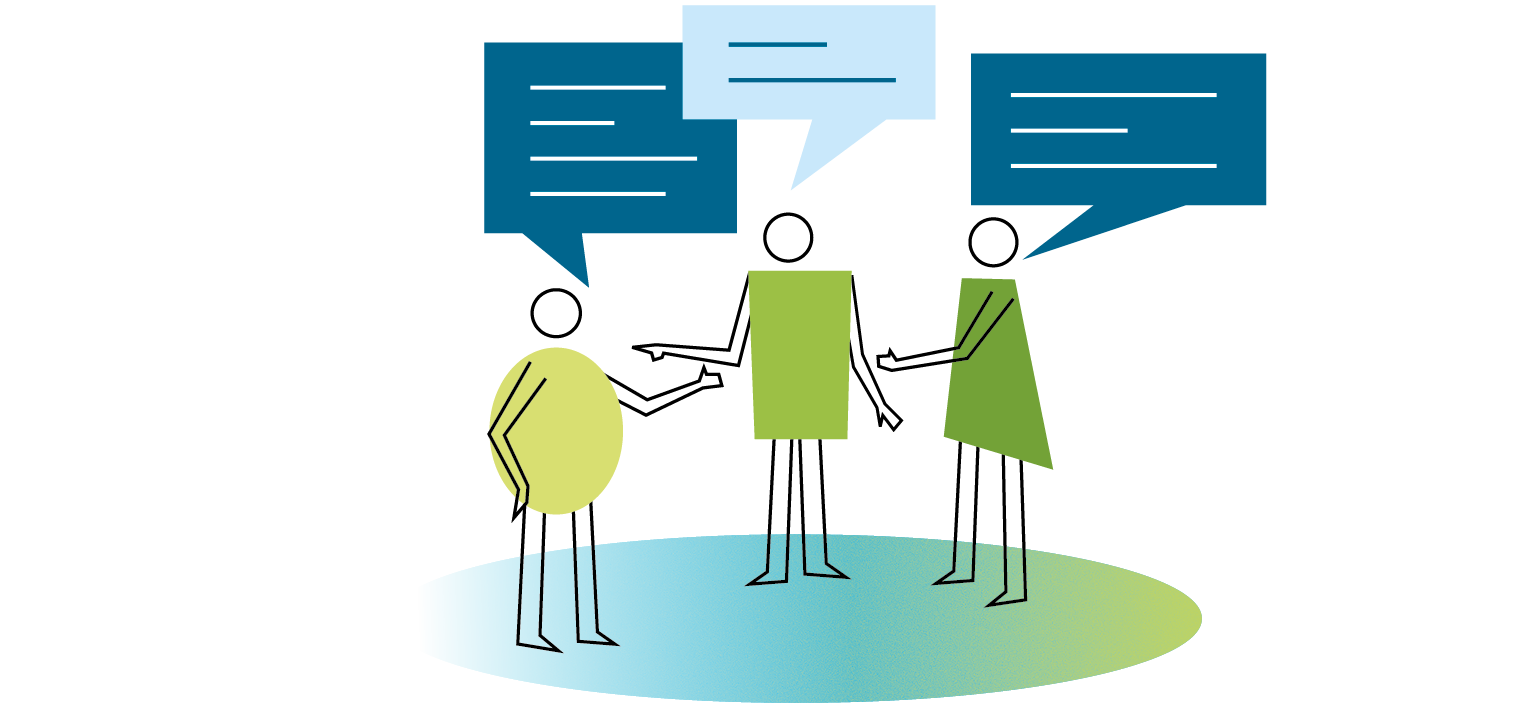 Zu sehen ist eine 2D-Grafik der Methode "Fokusgruppen Diskussion". Drei Männchen stehen beieinander und führen eine rege Diskussion miteinander.