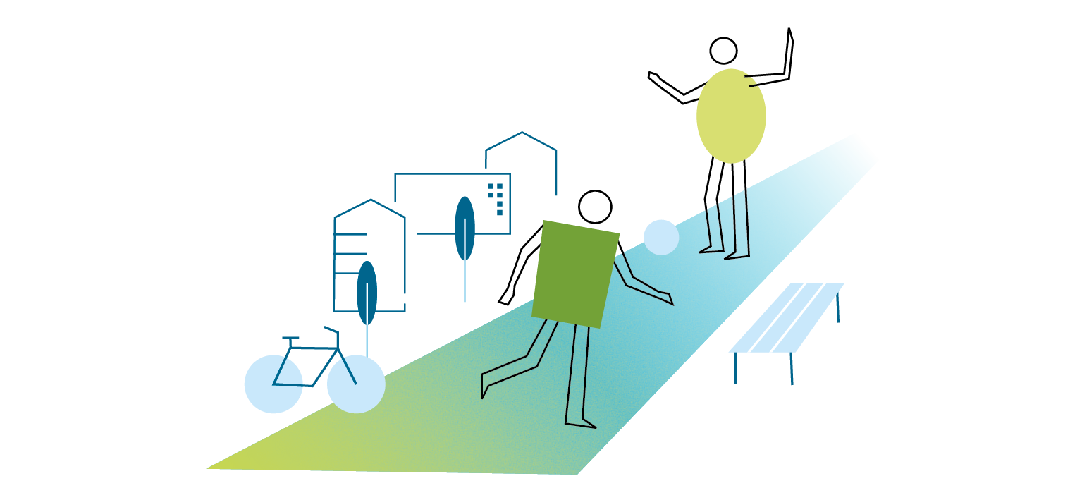 Zu sehen ist eine 2D-Grafik der Methode "Living Labs". Zwei Männchen spielen auf einer verkehrsberuhigten Straße miteinander, neben einer Wohngegend.