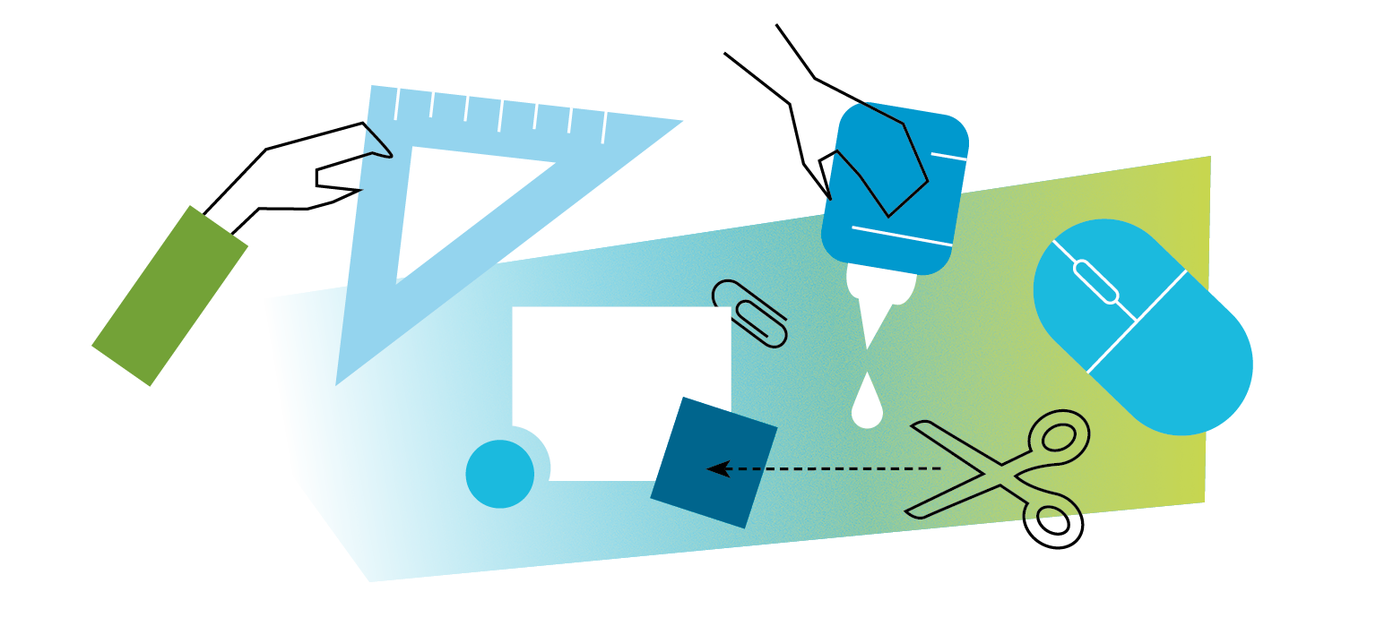 Zu sehen ist eine 2D-Grafik der Methode "Protyping". Auf einer Oberfläche liegen mehrere Utensilien zum Basteln, wie Schere oder Klebstoff.