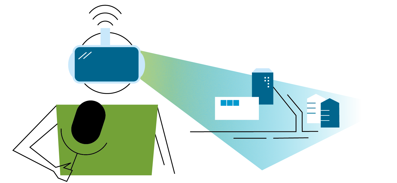 Zu sehen ist eine 2D-Grafik der Methode "Virtual Reality". Eine Figur trägt eine Virtual Reality Brille und sieht sich in der Gegend um. In der Hand trägt sie ein Mikrofon und berichtet über das Gesehene.