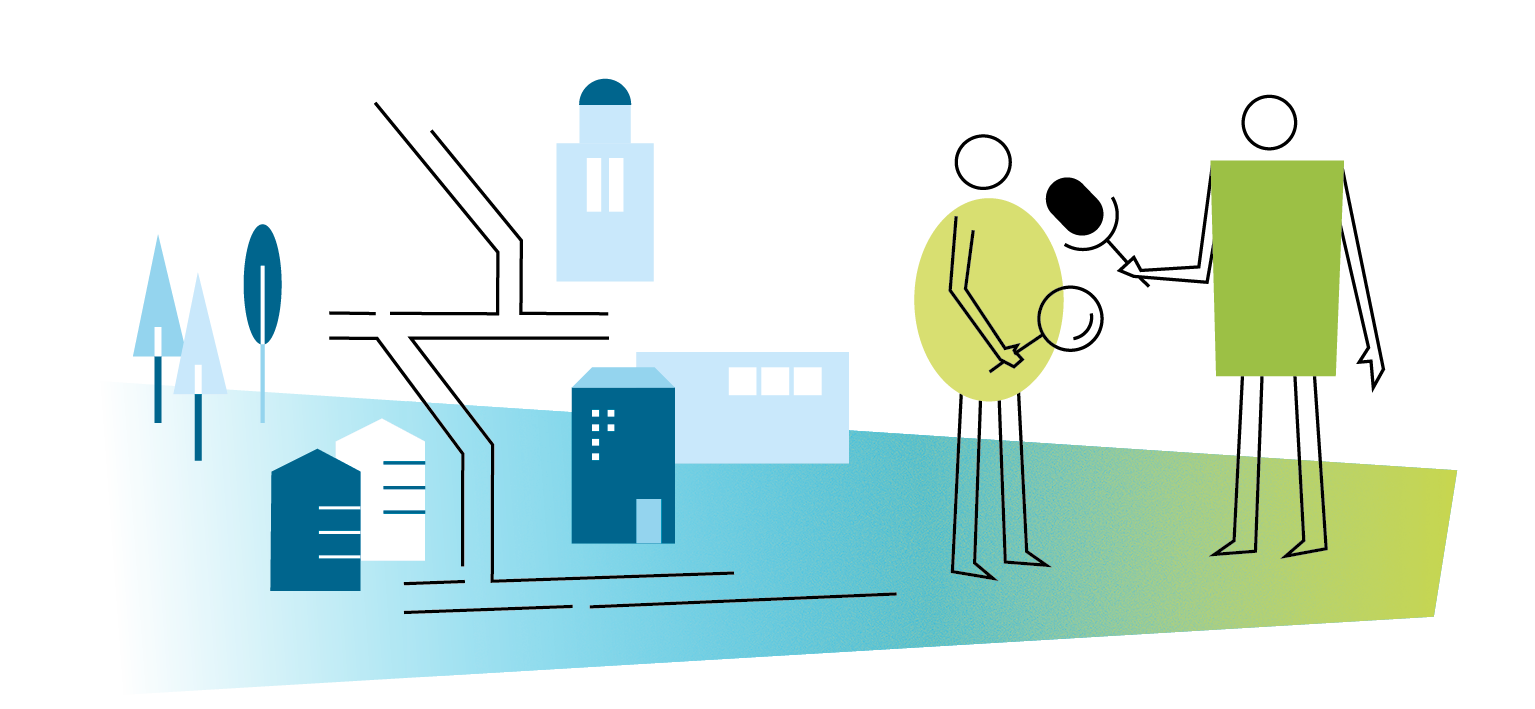 Zu sehen ist eine 2D-Grafik der Methode Walking Interviews. Ein Männchen interviewt ein Anderes, während sie neben einer Darstellung einer Wegbeschreibung stehen.