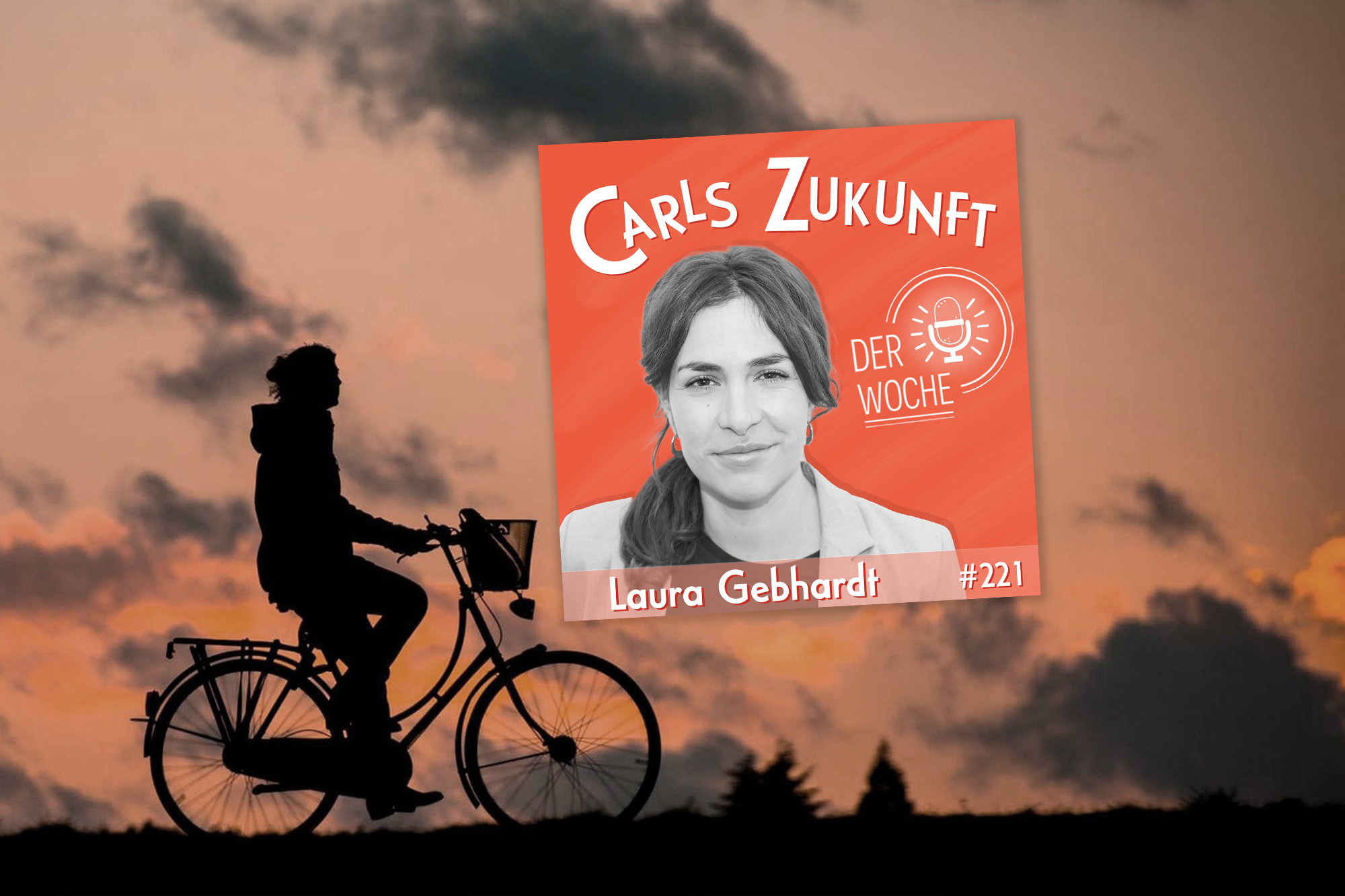 Vor einem Sonnenuntergang ist ein Mensch auf dem Fahrrad unterwegs und fährt auf das Cover der Folge zu, dass ein Bild der Wissenschaftlerin ist.