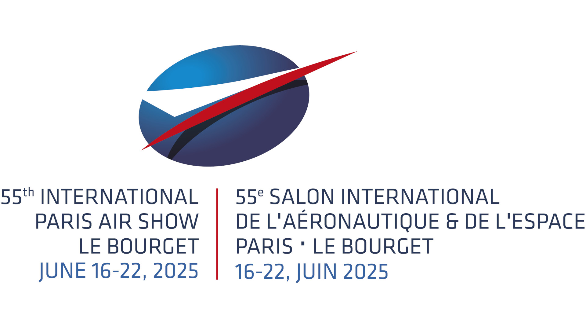 Das Logo der Paris Air Show 2025 - ein pfeilartig stilisiertes Flugzeug aus rotem Rumpf mit weißem Deltaflügel schwebt über einem blauen Oval.