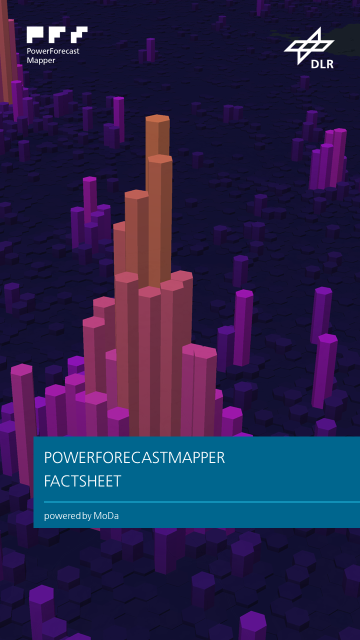 Zu sehen ist ein Vorschaubild zu einem Factsheet. Das Bild zeigt eine Datenvisualisierung in Deutschland und den Titel: Power Forecast Mapper Factsheet - powered by MoDa.