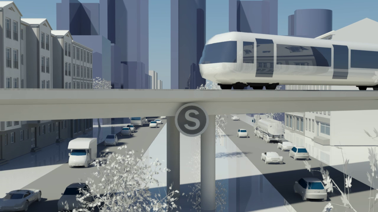 Zu sehen ist eine 3D-Visualisierung einer Stadt mit einer S-Bahn auf einer Trasse.