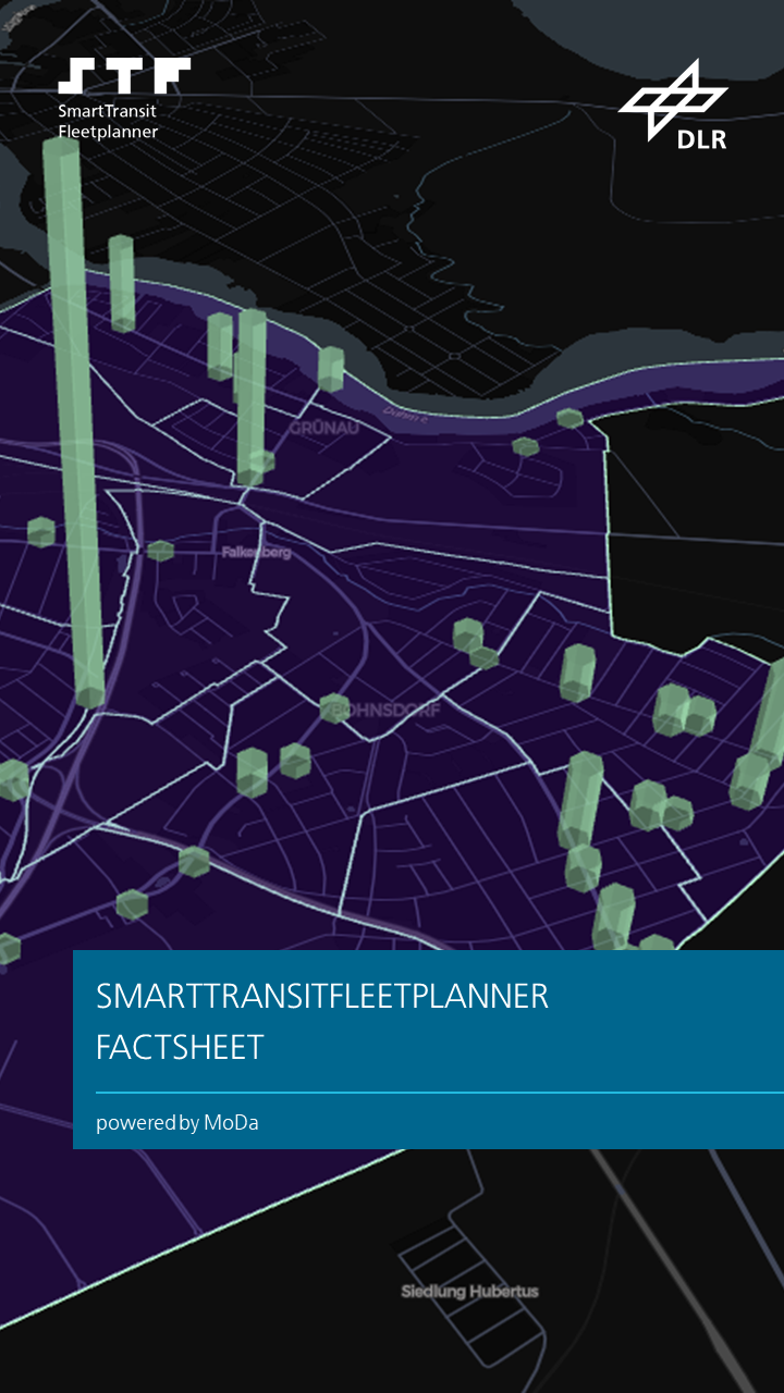 Zu sehen ist ein Vorschaubild zu einem Factsheet. Das Bild ist mit mehreren Quadraten versehen und dem Titel: Smart Transit Fleetplanner Factsheet - powered by MoDa.