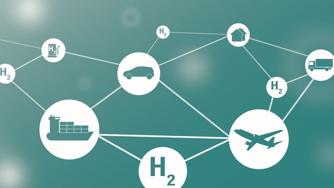 Schematische Darstellung von Wasserstoff als Energiequelle für unterschiedliche Verkehrsträger.
