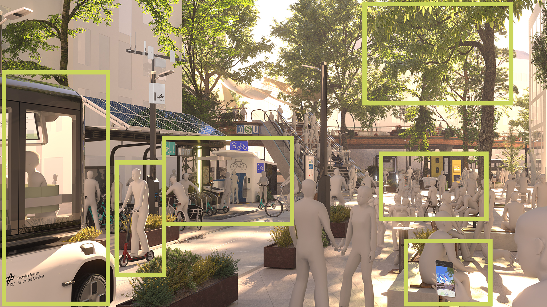 Ein grünes Rechteck zeigt auf einzelne Bildausschnitte. Dabei wird der Fokus auf das U-Shift, ein autonom fahrendes Auto, einen Tretrollerfahrer, eine Mobilitätsstation, ein Handy und auf eine Gruppe aus Menschen gelenkt.