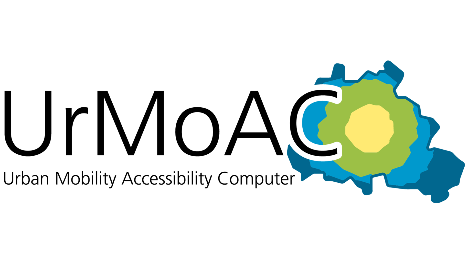 Ein Wort-Bild-Logo zum Programm Urban Mobility Accessibility Computer mit der Abkürzung UrMoAC. Hinter der Schrift befindet sich eine reduzierte isochrone Darstellung.