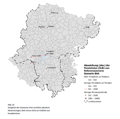 Eine Karte von Hessen mit Darstellung von Pendlerströmen.