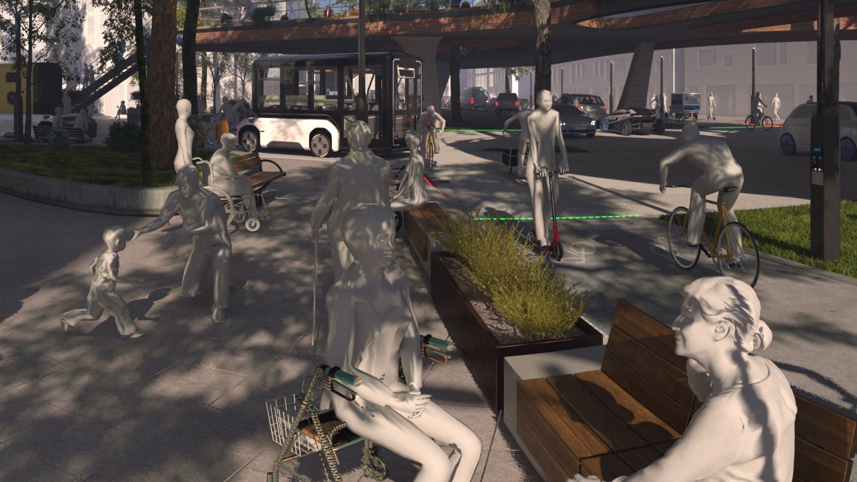 Futuristische Großstadtszene mit autonom fahrenden U-Shift, Aufenthaltsorten für Menschen, modernen Wegeleitsystemen und gut integrierten Fahrradwegen.