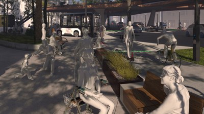 Futuristische Großstadtszene mit autonom fahrenden U-Shift, Aufenthaltsorten für Menschen, modernen Wegeleitsystemen und gut integrierten Fahrradwegen.