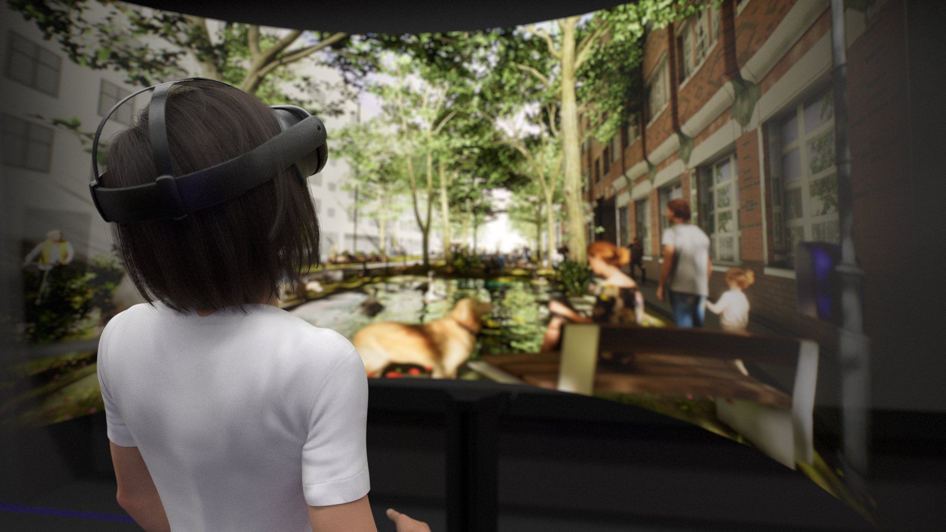 Eine 3-D-Frau hat ein VR Brillenset auf und schaut in eine virtuelle Szene, in der Mobilität anders gestaltet ist.