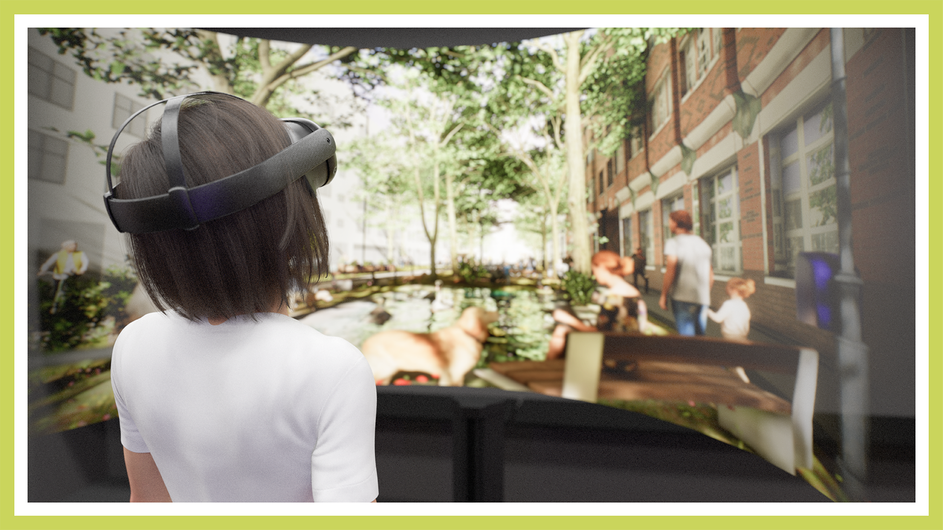 Zu sehen ist eine 3D Visualisierung einer Person, die mittels VR-Brille eine städtische Umgestaltung erlebt.