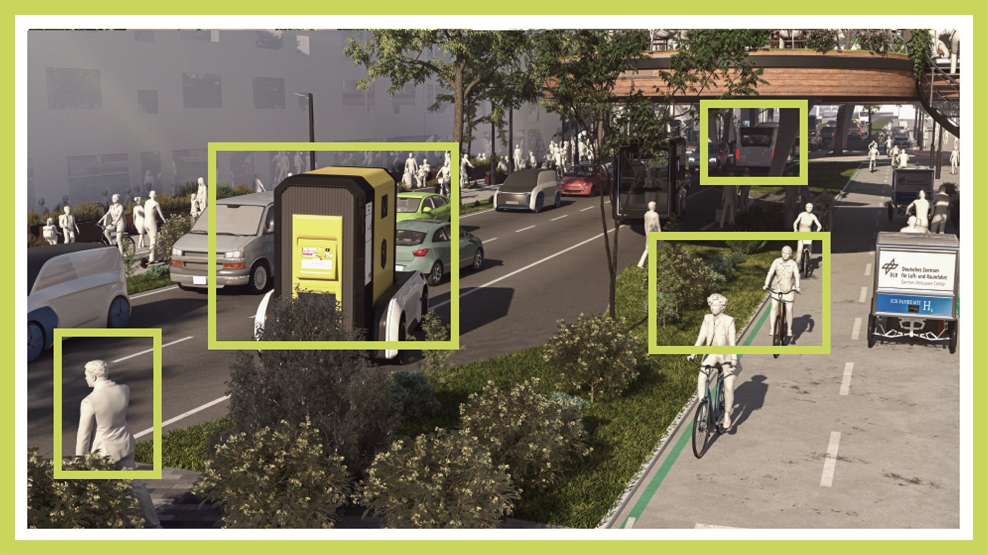 Zu sehen ist eine 3D Visualisierung einer Stadt der Zukunft mit lebenswerten Elementen.