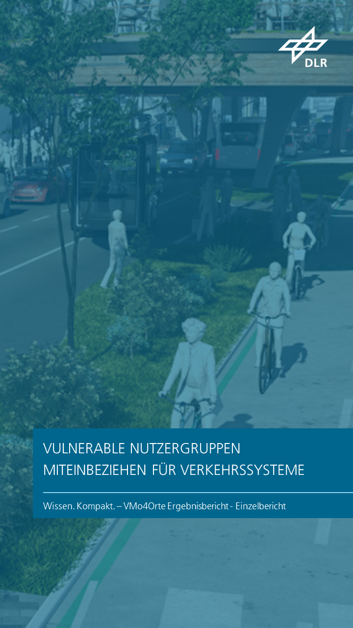 Zu sehen ist eine 3D-grafische Darstellung einer Stadt der Zukunft, in der mehrere Menschen auf Fahrrädern durch begrünte, umgestaltete Straßen fahren. Das Kapitel trägt den Titel "Vulnerable Nutzergruppen miteinbeziehen für Verkehrssysteme".
