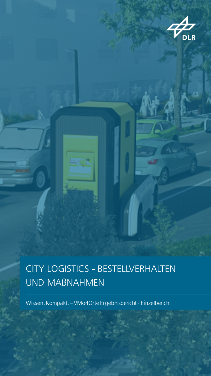 Zu sehen ist ein 3D-grafischer Ausschnitt einer Stadt der Zukunft mit einem modernen Lieferfahrzeug auf einer begrünten Straße. Das Kapitel trägt den Titel "City logistics - bestellverhalten   Und maßnahmen".