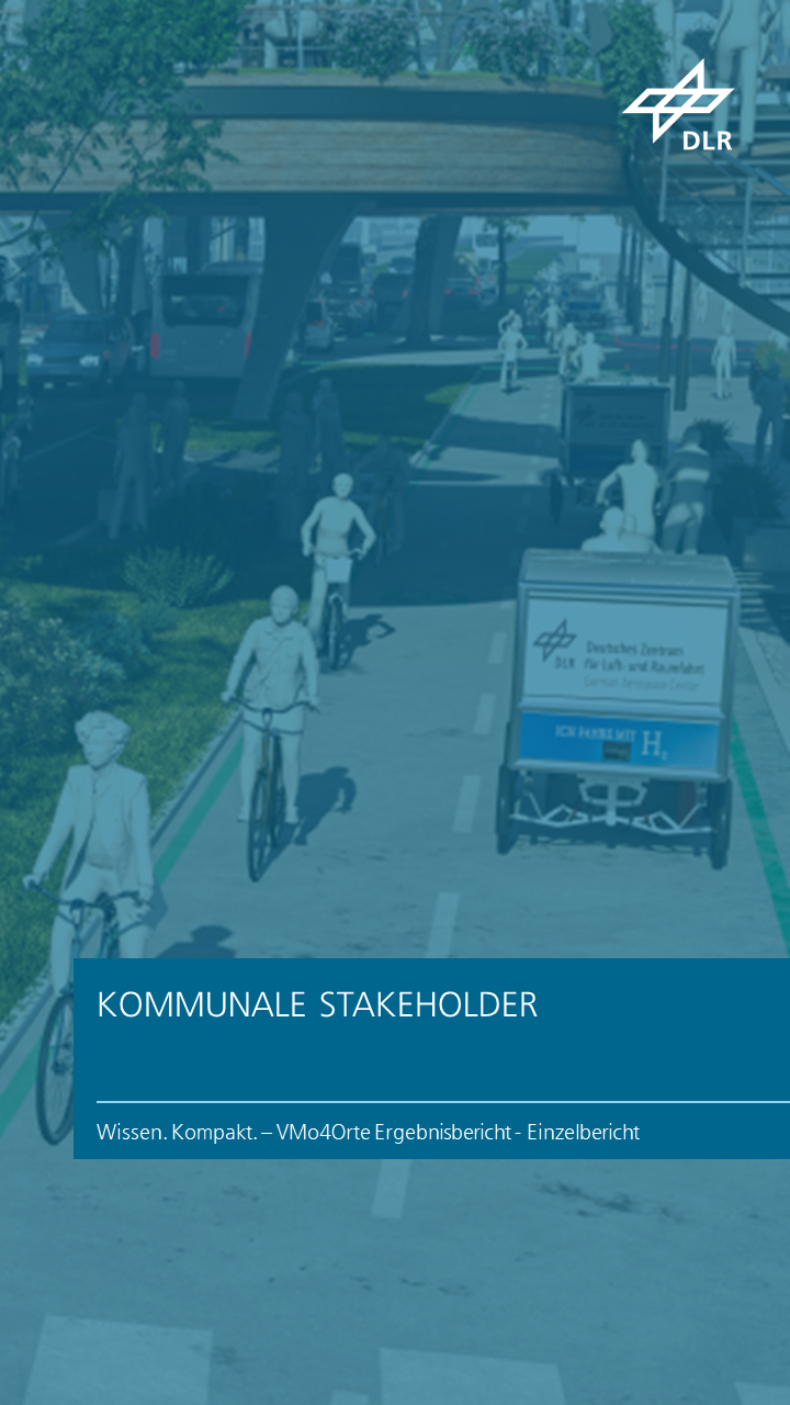 Zu sehen ist eine 3D-grafische Darstellung einer Stadt der Zukunft, in der mehrere Menschen auf Fahrrädern durch begrünte, umgestaltete Straßen fahren. Das Kapitel trägt den Titel "Kommunale Stakeholder".