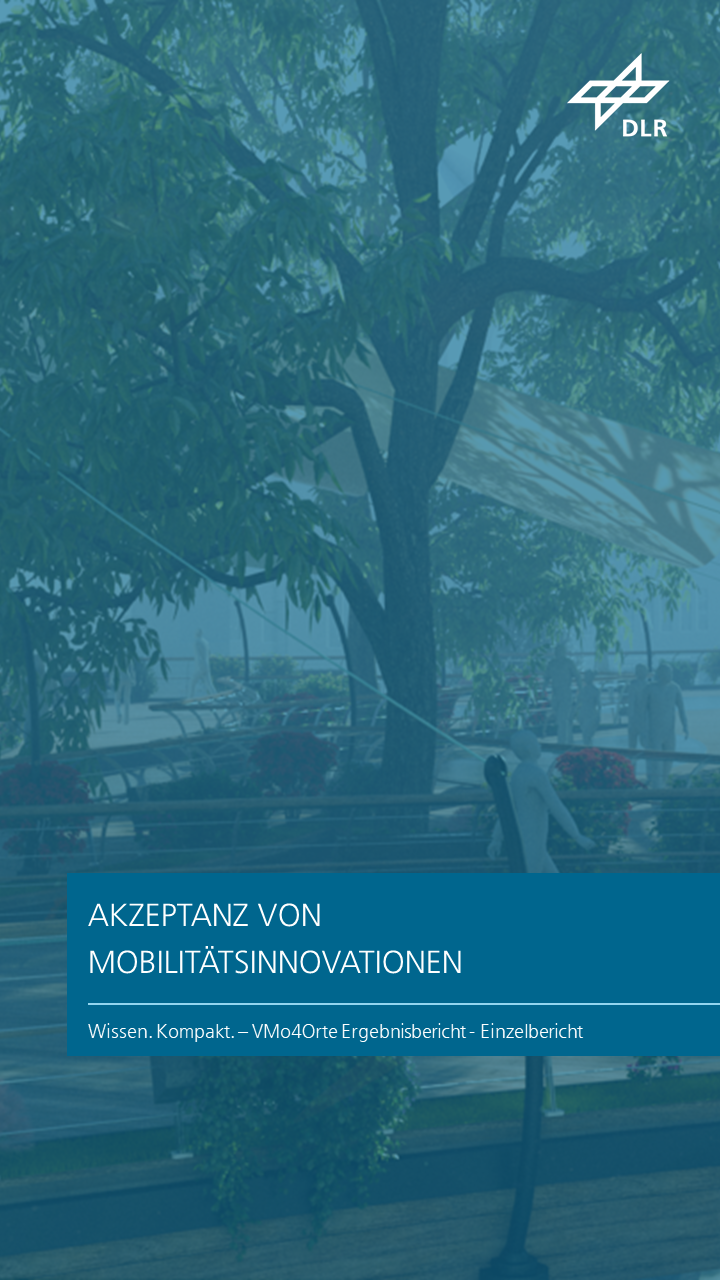 Zu sehen ist ein 3D-grafischer Ausschnitt eines umgestalteten Stadtquartiers mit viel Begrünung und einem großen modernen Aufenthaltsbereich. Das Kapitel trägt den Titel "Akzeptanz von Mobilitätsinnovationen".