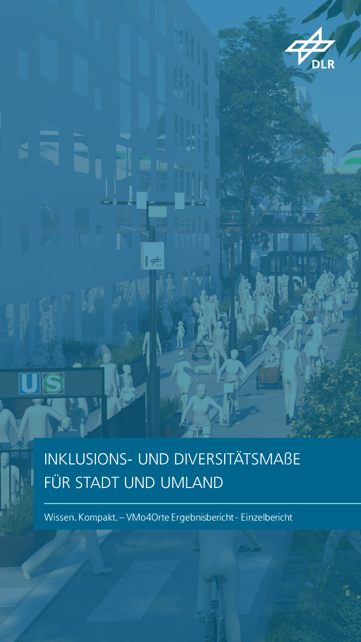 Zu sehen ist eine 3D-grafische Stadtszene der Zukunft, in der viele Menschen unterwegs sind – zu Fuß und auf Fahrrädern. Das Kapitel trägt den Titel "Inklusions- und Diversitätsmaße für Stadt und Umland".