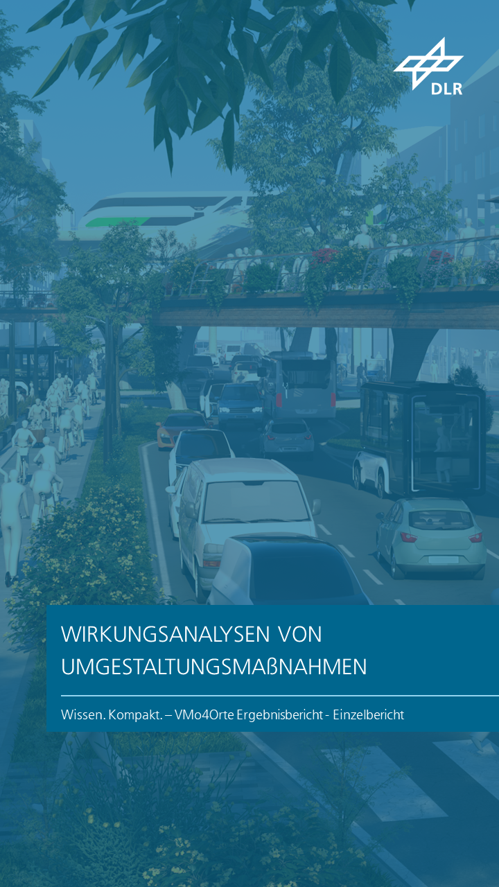 Zu sehen ist eine 3D-grafische Stadtszene mit verschiedenen Verkehrsträgern, darunter Fahrräder, moderne Fahrzeuge und Fußgänger, eingebettet in eine grüne, umgestaltete Umgebung. Das Kapitel trägt den Titel "Wirkungsanalysen von Umgestaltungsmaßnahmen".