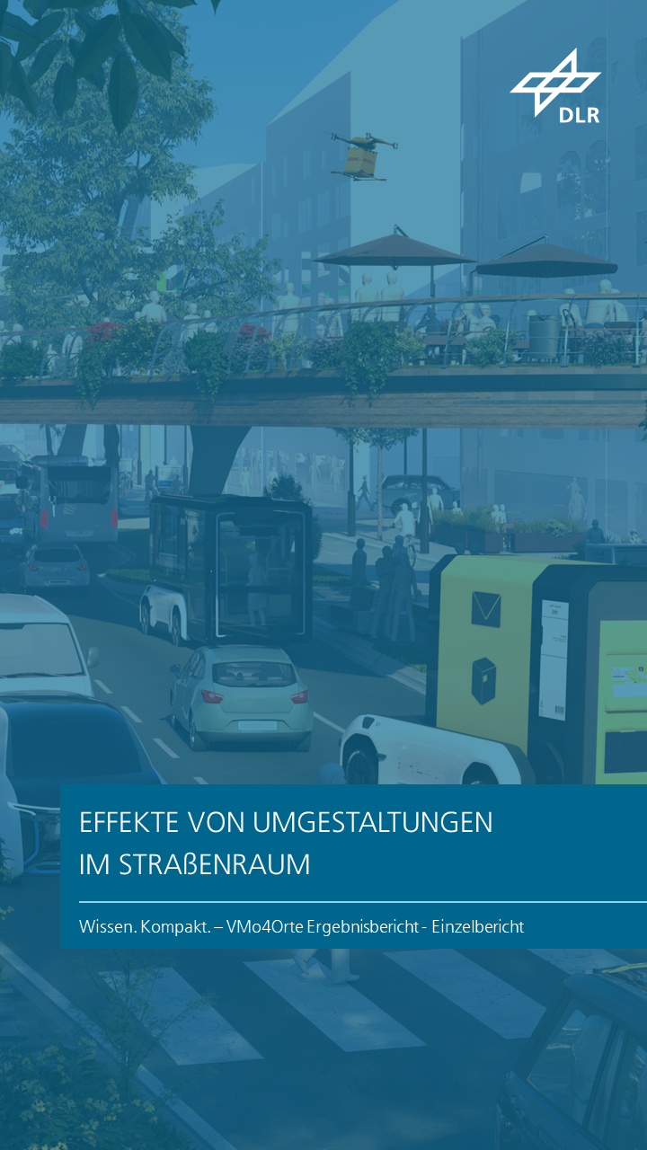 Zu sehen ist eine 3D-grafische Darstellung eines umgestalteten Straßenraums mit begrünten Bereichen und On-Demand-Fahrzeugen. Das Kapitel trägt den Titel "Effekte von Umgestaltungen im Straßenraum".