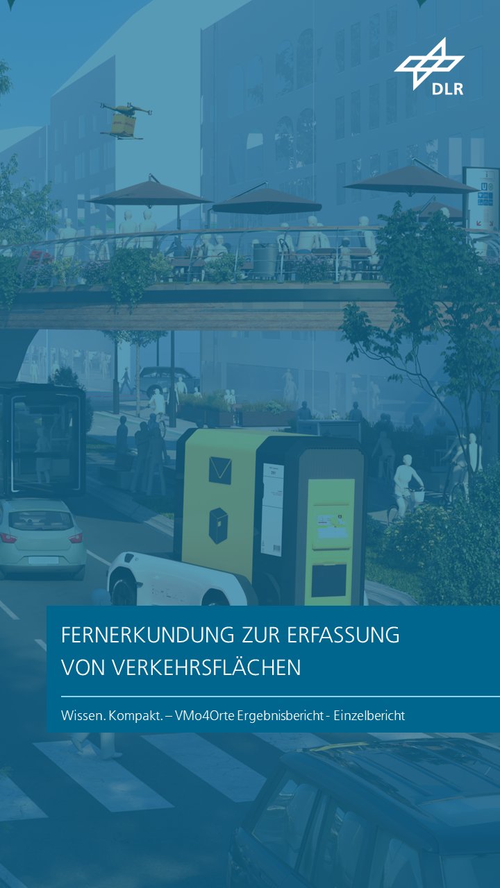 Zu sehen ist eine 3D-grafische Darstellung eines umgestalteten Straßenraums mit begrünten Bereichen und On-Demand-Fahrzeugen. Das Kapitel trägt den Titel "Fernerkundung zur Erfassung von Verkehrsflächen".