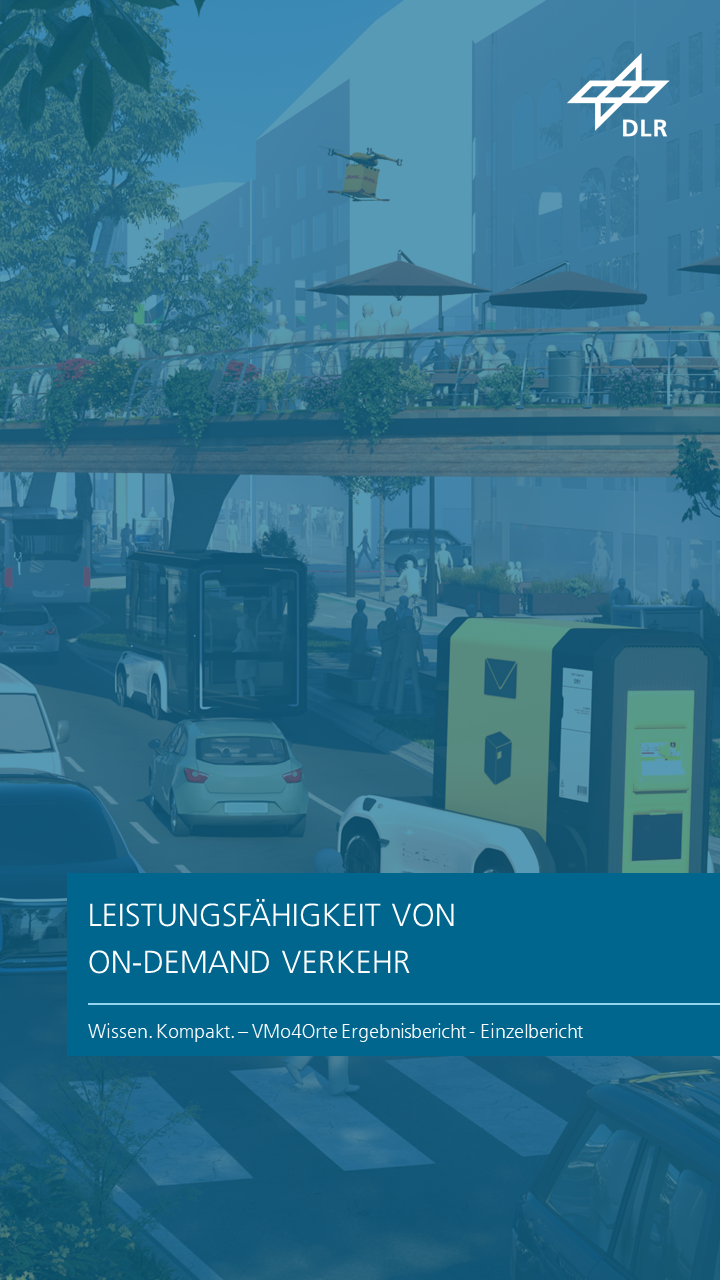 Zu sehen ist eine 3D-grafische Darstellung eines umgestalteten Straßenraums mit begrünten Bereichen und On-Demand-Fahrzeugen. Das Kapitel trägt den Titel "Leistungsfähigkeit von On-Demand Verkehr".