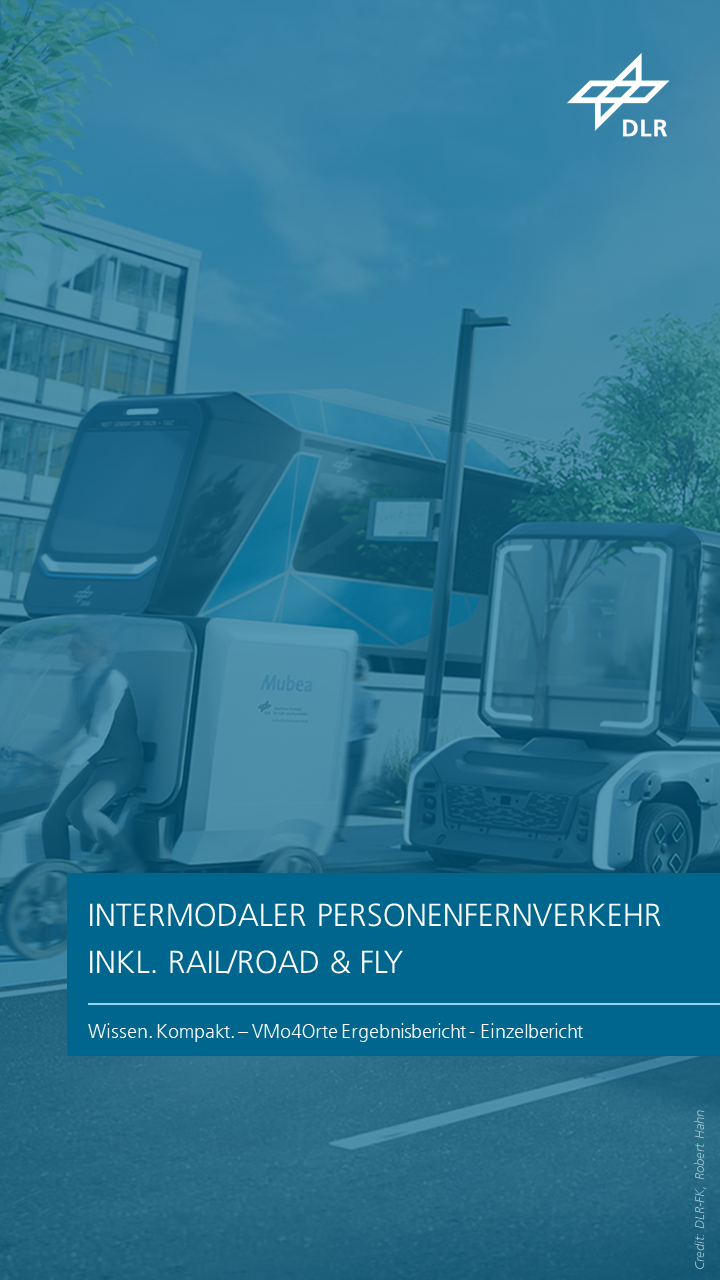 Zu sehen ist eine 3D-grafische Stadtszene mit verschiedenen modernen Fahrzeugkonzepten für den Personenverkehr, darunter On-Demand-Shuttles und Schienenfahrzeuge. Das Kapitel trägt den Titel "Intermodaler Personenfernverkehr inkl. Rail/Road & Fly ".