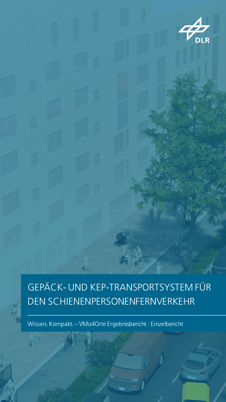 Zu sehen ist eine 3D-grafische Vogelperspektive auf eine modern und lebenswert umgestaltete Stadt mit viel Begrünung und mehreren Personen, die zu einer S- und U-Bahn-Station unterwegs sind. Das Kapitel trägt den Titel "Gepäck- und KEP-Transportsystem für den Schienenpersonenfernverkehr".