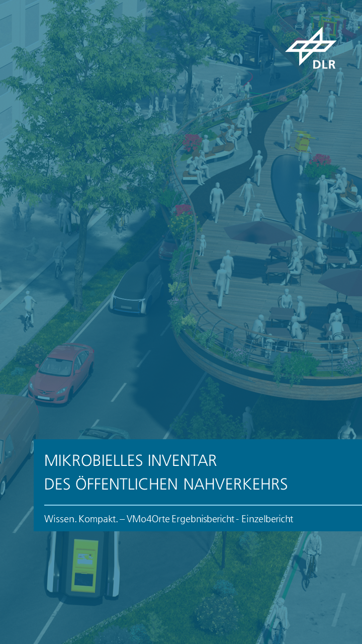 Zu sehen ist eine 3D-grafische Vogelperspektive auf eine umgestaltete Stadt mit einem öffentlichen, begrünten Aufenthaltsbereich, der sich über eine befahrene Straße erstreckt. Das Kapitel trägt den Titel "Mikrobielles Inventar des öffentlichen Nahverkehrs ".